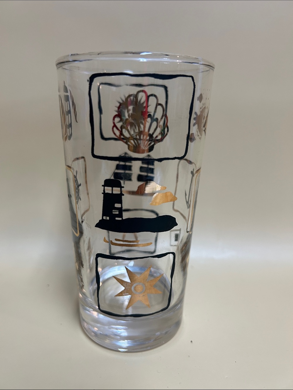 Vintage Made in Canada Dominion Glass Black and Gold ‘’Nautical’ Highball Glass